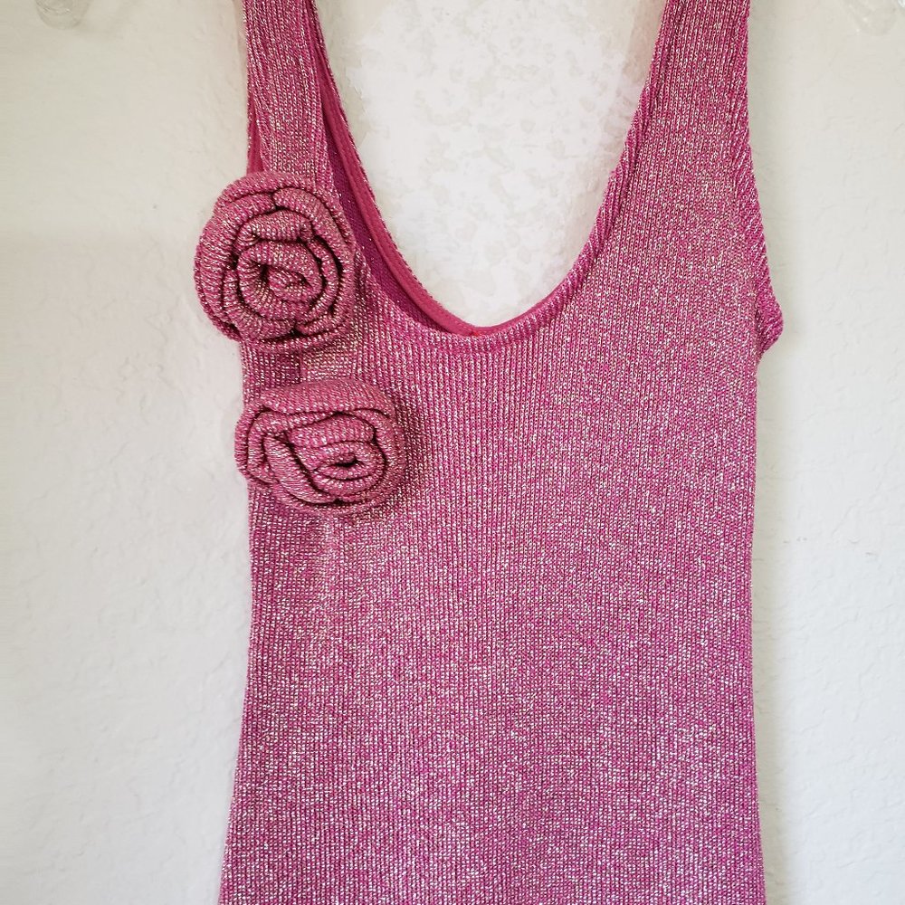 NWT Hot Pink/Gold Sweater Dress W/ Shoulder Roses